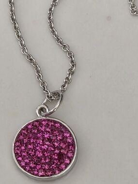 Pink Crystal Pavé Disc Necklace - Silver Tone